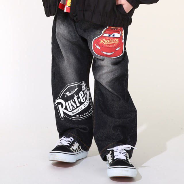 【ベビードール】カーズ BIGプリントデニムロングパンツ 0217K / ライトニング・マックィーン ベビーサイズ キッズ ウエスト総ゴム ワッペン ボトムス 長ズボン デニム ジーパン