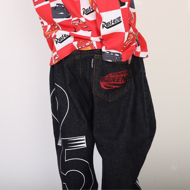 【ベビードール】カーズ BIGプリントデニムロングパンツ 0217K / ライトニング・マックィーン ベビーサイズ キッズ ウエスト総ゴム ワッペン ボトムス 長ズボン デニム ジーパン