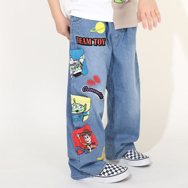 【ベビードール】トイ・ストーリー ポケット付 デニムロングパンツ 0231K / ウッディ バズ・ライトイヤー エイリアン ベビーサイズ キッズ 長ズボン ボトムス ジーンズ ジーパン ストレート ウエスト総ゴム ゴム穴付 ポケット