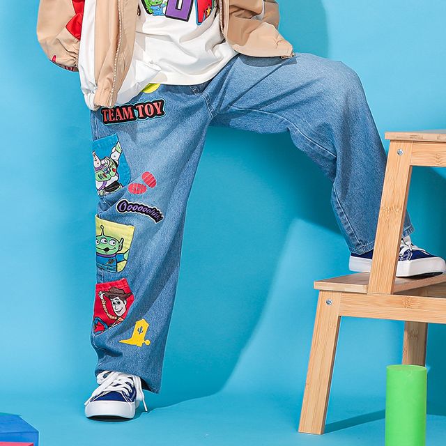 【ベビードール】トイ・ストーリー ポケット付 デニムロングパンツ 0231K / ウッディ バズ・ライトイヤー エイリアン ベビーサイズ キッズ 長ズボン ボトムス ジーンズ ジーパン ストレート ウエスト総ゴム ゴム穴付 ポケット