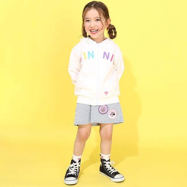 【ベビードール】ミニー デニムパッチジップパーカー 0289K / ベビーサイズ キッズ トップス 長袖 羽織 軽アウター スウェット 天竺素材 耳付き フードあり