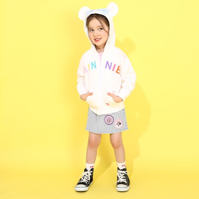 【ベビードール】ミニー デニムパッチジップパーカー 0289K / ベビーサイズ キッズ トップス 長袖 羽織 軽アウター スウェット 天竺素材 耳付き フードあり