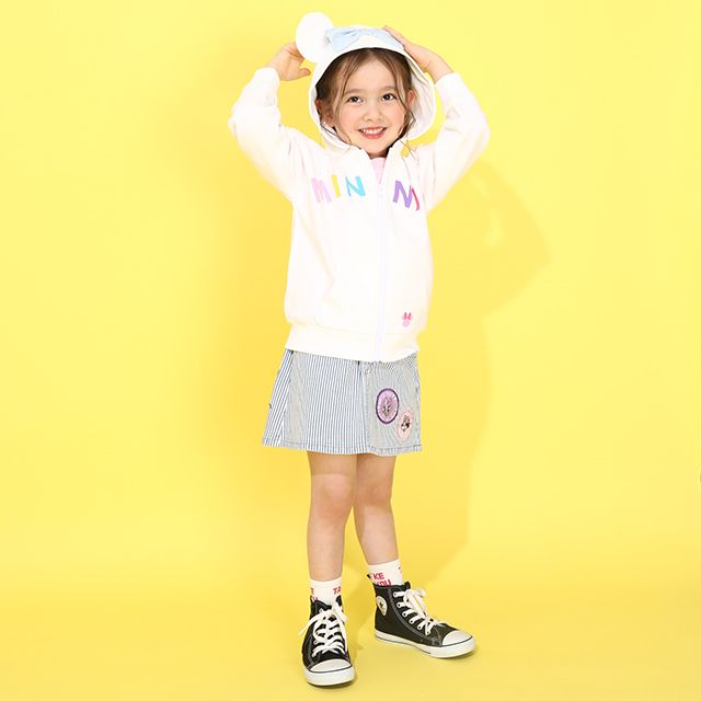 【ベビードール】ミニー デニムパッチジップパーカー 0289K / ベビーサイズ キッズ トップス 長袖 羽織 軽アウター スウェット 天竺素材 耳付き フードあり