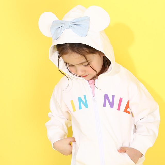 【ベビードール】ミニー デニムパッチジップパーカー 0289K / ベビーサイズ キッズ トップス 長袖 羽織 軽アウター スウェット 天竺素材 耳付き フードあり