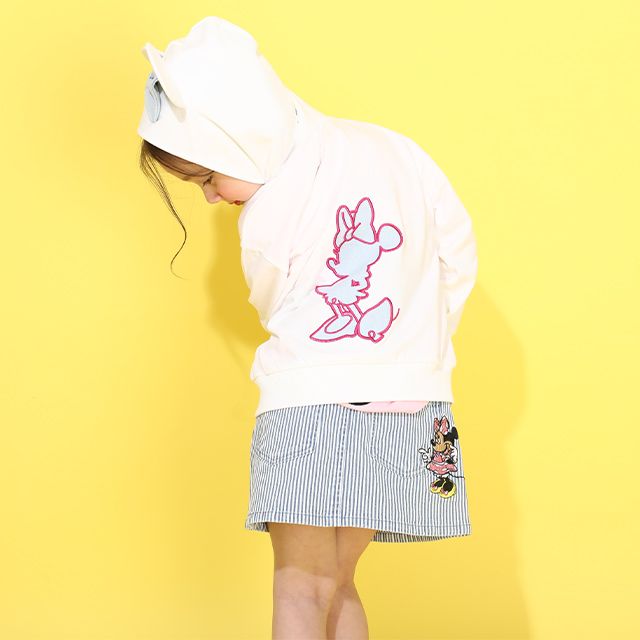 【ベビードール】ミニー デニムパッチジップパーカー 0289K / ベビーサイズ キッズ トップス 長袖 羽織 軽アウター スウェット 天竺素材 耳付き フードあり