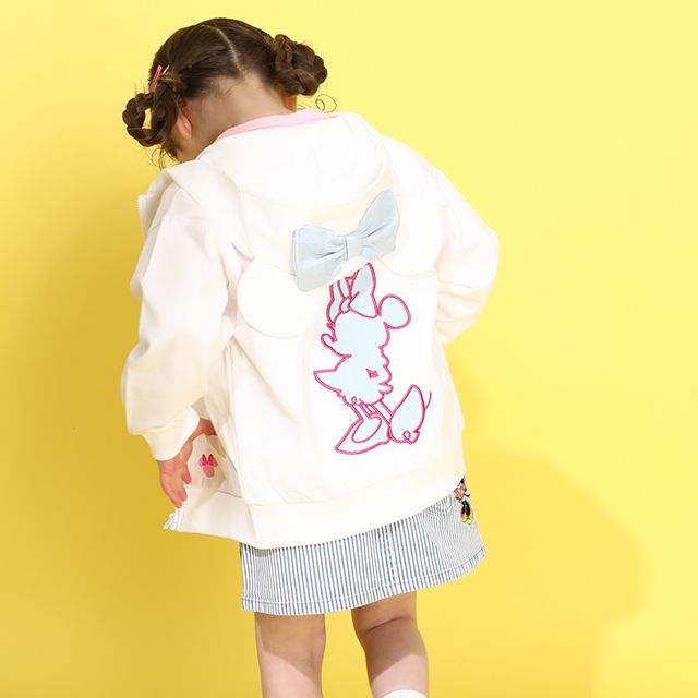 【ベビードール】ミニー デニムパッチジップパーカー 0289K / ベビーサイズ キッズ トップス 長袖 羽織 軽アウター スウェット 天竺素材 耳付き フードあり