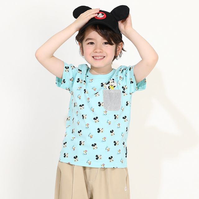 【ベビードール】ミッキー ドナルド キャラクター総柄ポケットTシャツ 0292K / ベビーサイズ キッズ トップス 半袖 クルーネック カットソー 天竺素材