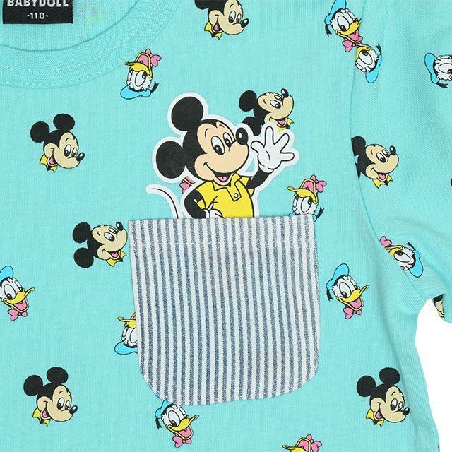 【ベビードール】ミッキー ドナルド キャラクター総柄ポケットTシャツ 0292K / ベビーサイズ キッズ トップス 半袖 クルーネック カットソー 天竺素材