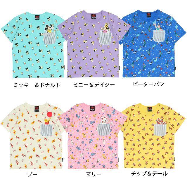 【ベビードール】ピーターパン キャラクター総柄ポケットTシャツ 0292K / ベビーサイズ キッズ トップス 半袖 クルーネック カットソー 天竺素材