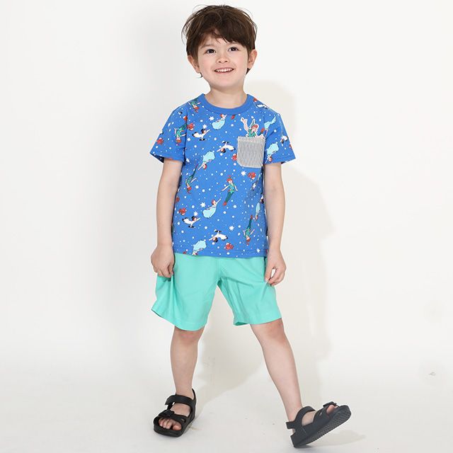 【ベビードール】ピーターパン キャラクター総柄ポケットTシャツ 0292K / ベビーサイズ キッズ トップス 半袖 クルーネック カットソー 天竺素材