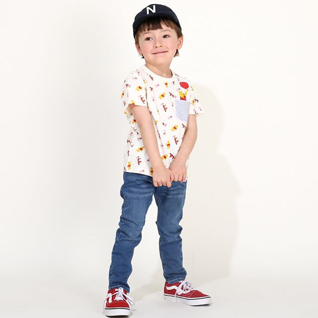 【ベビードール】プー キャラクター総柄ポケットTシャツ 0292K / ベビーサイズ キッズ トップス 半袖 クルーネック カットソー 天竺素材