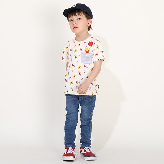 【ベビードール】プー キャラクター総柄ポケットTシャツ 0292K / ベビーサイズ キッズ トップス 半袖 クルーネック カットソー 天竺素材