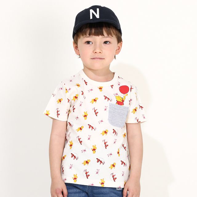 【ベビードール】プー キャラクター総柄ポケットTシャツ 0292K / ベビーサイズ キッズ トップス 半袖 クルーネック カットソー 天竺素材