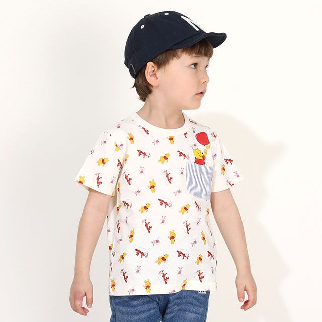 【ベビードール】プー キャラクター総柄ポケットTシャツ 0292K / ベビーサイズ キッズ トップス 半袖 クルーネック カットソー 天竺素材