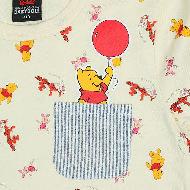 【ベビードール】プー キャラクター総柄ポケットTシャツ 0292K / ベビーサイズ キッズ トップス 半袖 クルーネック カットソー 天竺素材
