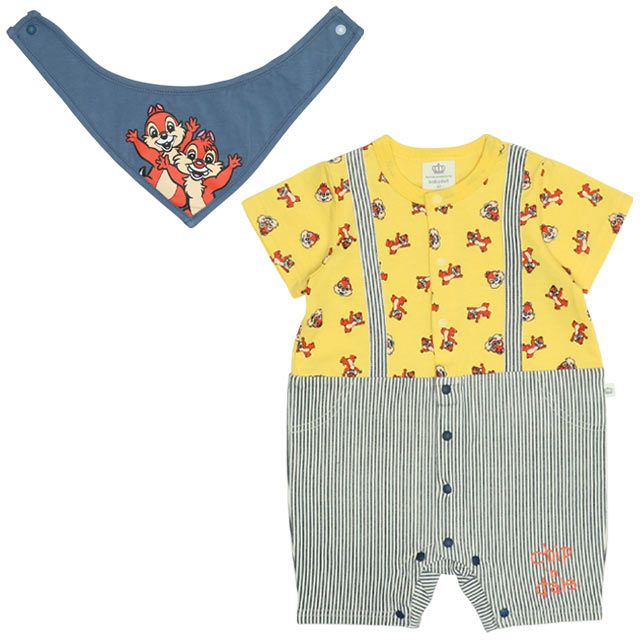 【ベビードール】チップ デール スタイ付サロペットロンパース 0293B / ベビー服 つなぎ 半袖 ボディ肌着  スタイセット 2点セット 出産祝い 贈り物 プレゼント