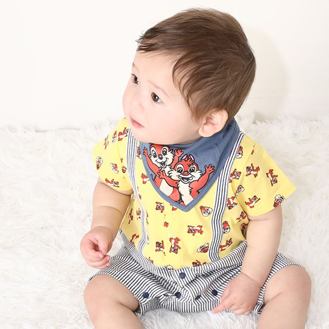 【ベビードール】チップ デール スタイ付サロペットロンパース 0293B / ベビー服 つなぎ 半袖 ボディ肌着  スタイセット 2点セット 出産祝い 贈り物 プレゼント