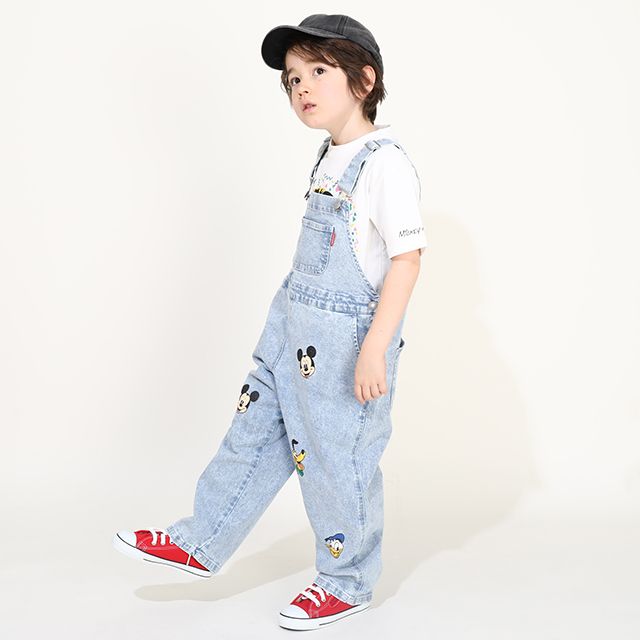 【ベビードール】ミッキー ドナルド ランダムキャラクターデニムサロペット 0294K / ベビーサイズ キッズ 袖なし つなぎ オーバーオール ショルダーベルト長さ調整可