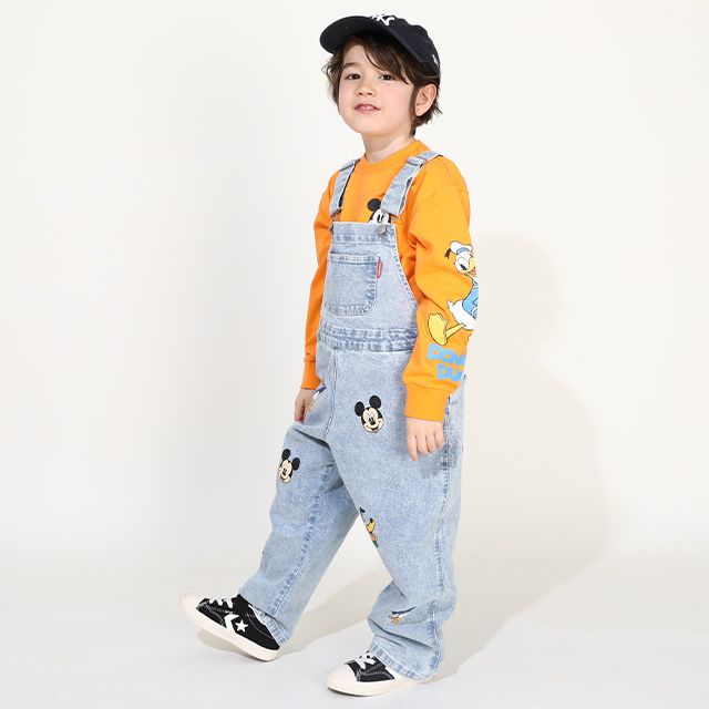 【ベビードール】ミッキー ドナルド ランダムキャラクターデニムサロペット 0294K / ベビーサイズ キッズ 袖なし つなぎ オーバーオール ショルダーベルト長さ調整可