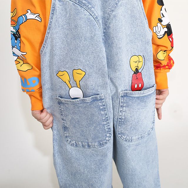 【ベビードール】ミッキー ドナルド ランダムキャラクターデニムサロペット 0294K / ベビーサイズ キッズ 袖なし つなぎ オーバーオール ショルダーベルト長さ調整可