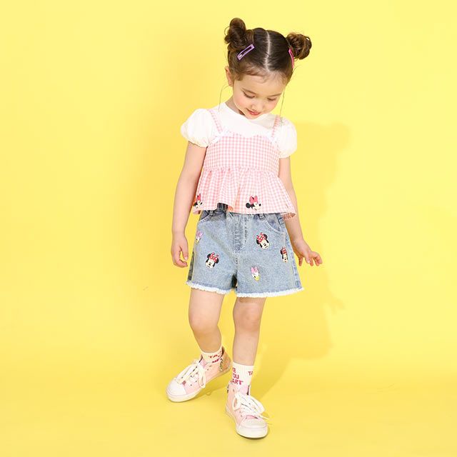【ベビードール】ミニー デイジー ランダムキャラクターショートパンツ 0295K / ベビーサイズ キッズ ボトムス 短パン ショートパンツ デニム ジーンズ 裾フリンジ ウエスト総ゴム