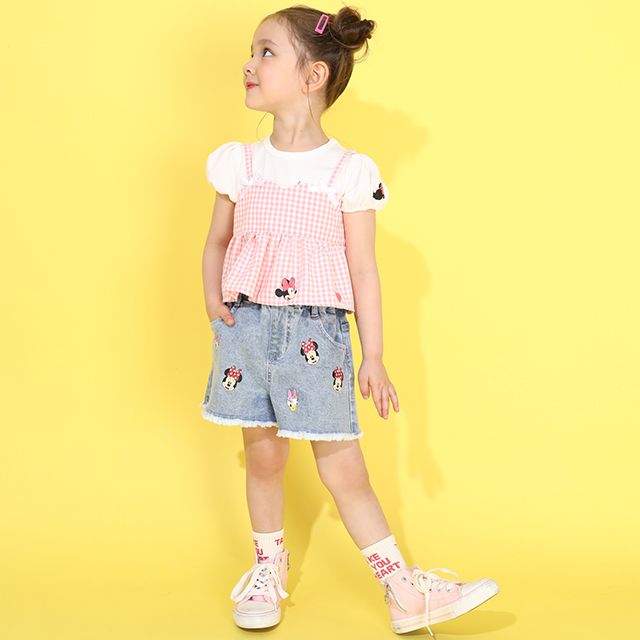 【ベビードール】ミニー デイジー ランダムキャラクターショートパンツ 0295K / ベビーサイズ キッズ ボトムス 短パン ショートパンツ デニム ジーンズ 裾フリンジ ウエスト総ゴム