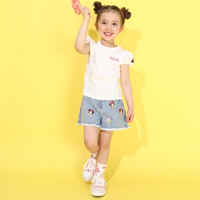 【ベビードール】ミニー デイジー ランダムキャラクターショートパンツ 0295K / ベビーサイズ キッズ ボトムス 短パン ショートパンツ デニム ジーンズ 裾フリンジ ウエスト総ゴム