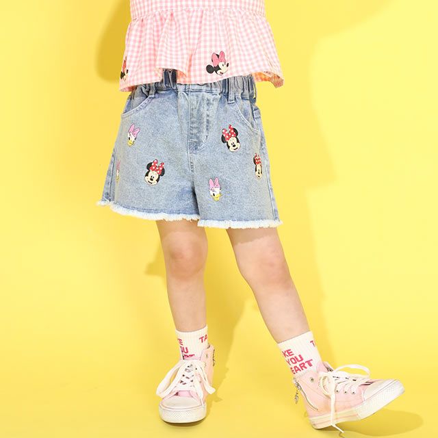 【ベビードール】ミニー デイジー ランダムキャラクターショートパンツ 0295K / ベビーサイズ キッズ ボトムス 短パン ショートパンツ デニム ジーンズ 裾フリンジ ウエスト総ゴム