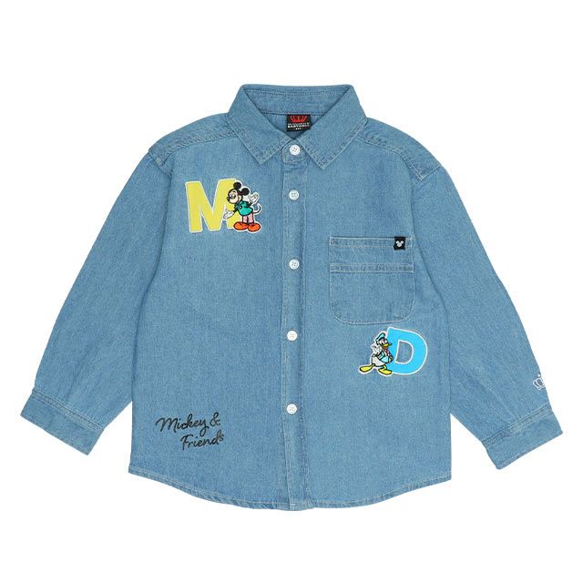 【ベビードール】ミッキー 親子お揃い ワッペンデニムシャツ 0296K / ドナルド プルート ベビーサイズ キッズ リンクコーデ ペアルック 親子コーデ 長袖 トップス 羽織り