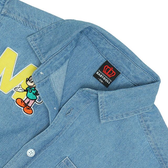 【ベビードール】ミッキー 親子お揃い ワッペンデニムシャツ 0296K / ドナルド プルート ベビーサイズ キッズ リンクコーデ ペアルック 親子コーデ 長袖 トップス 羽織り