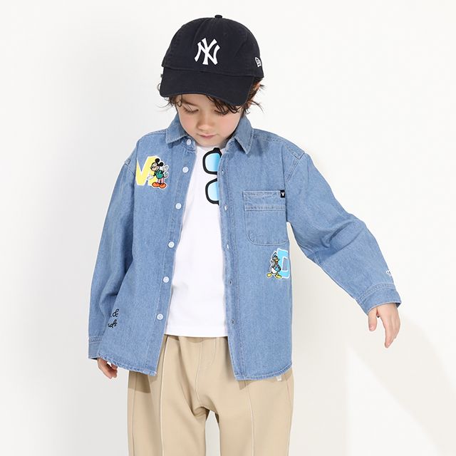 【ベビードール】ミッキー 親子お揃い ワッペンデニムシャツ 0296K / ドナルド プルート ベビーサイズ キッズ リンクコーデ ペアルック 親子コーデ 長袖 トップス 羽織り