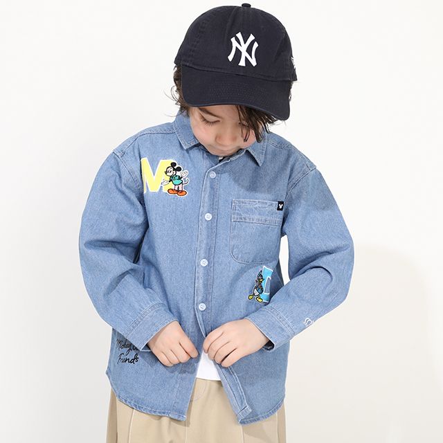 【ベビードール】ミッキー 親子お揃い ワッペンデニムシャツ 0296K / ドナルド プルート ベビーサイズ キッズ リンクコーデ ペアルック 親子コーデ 長袖 トップス 羽織り