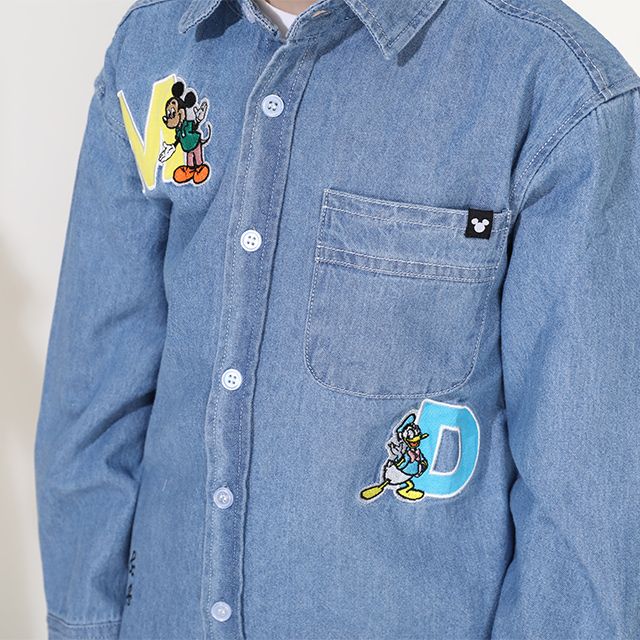 【ベビードール】ミッキー 親子お揃い ワッペンデニムシャツ 0296K / ドナルド プルート ベビーサイズ キッズ リンクコーデ ペアルック 親子コーデ 長袖 トップス 羽織り