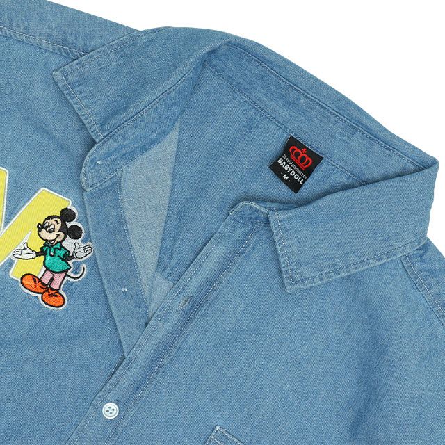 【ベビードール】ミッキー 親子お揃い ワッペンデニムシャツ 0296A / 大人 ユニセックス 男女兼用 リンクコーデ ペアルック 親子コーデ 長袖 トップス 羽織り