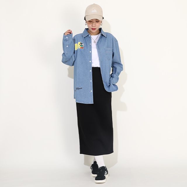 【ベビードール】ミッキー 親子お揃い ワッペンデニムシャツ 0296A / 大人 ユニセックス 男女兼用 リンクコーデ ペアルック 親子コーデ 長袖 トップス 羽織り