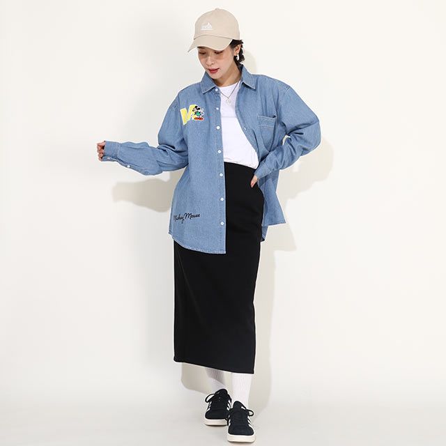 【ベビードール】ミッキー 親子お揃い ワッペンデニムシャツ 0296A / 大人 ユニセックス 男女兼用 リンクコーデ ペアルック 親子コーデ 長袖 トップス 羽織り