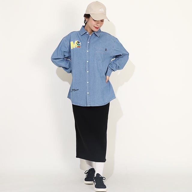 【ベビードール】ミッキー 親子お揃い ワッペンデニムシャツ 0296A / 大人 ユニセックス 男女兼用 リンクコーデ ペアルック 親子コーデ 長袖 トップス 羽織り