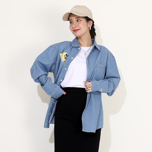 【ベビードール】ミッキー 親子お揃い ワッペンデニムシャツ 0296A / 大人 ユニセックス 男女兼用 リンクコーデ ペアルック 親子コーデ 長袖 トップス 羽織り