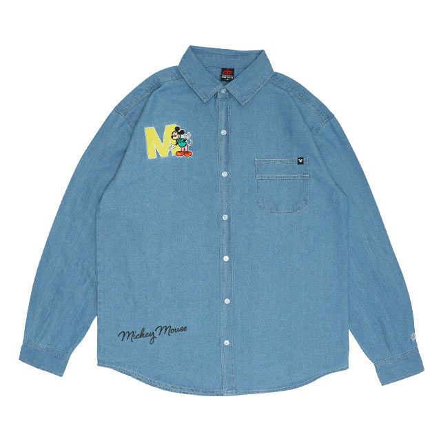 【ベビードール】ミッキー 親子お揃い ワッペンデニムシャツ 0296A / 大人 ユニセックス 男女兼用 リンクコーデ ペアルック 親子コーデ 長袖 トップス 羽織り