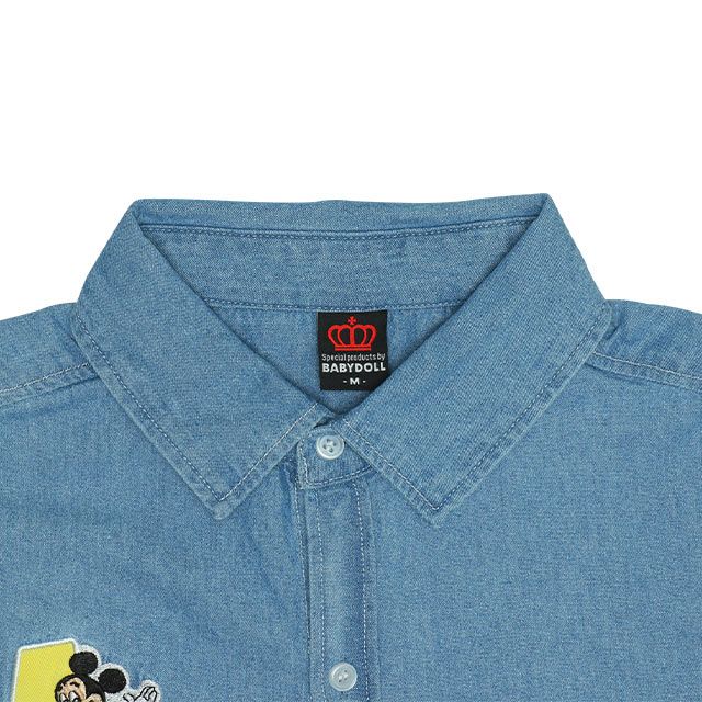 【ベビードール】ミッキー 親子お揃い ワッペンデニムシャツ 0296A / 大人 ユニセックス 男女兼用 リンクコーデ ペアルック 親子コーデ 長袖 トップス 羽織り