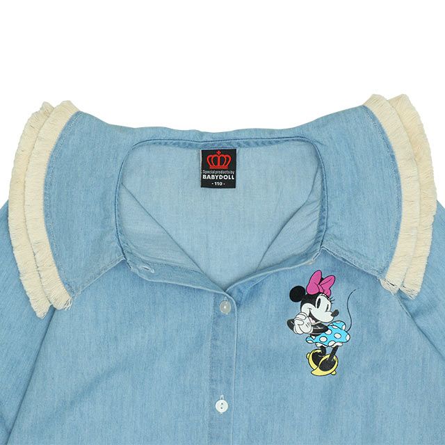 【ベビードール】ミニー フリンジ襟付きデニムワンピース 0297K / ベビーサイズ キッズ リンクコーデ ペアルック 長袖 トップス ミニ丈 オールインワン