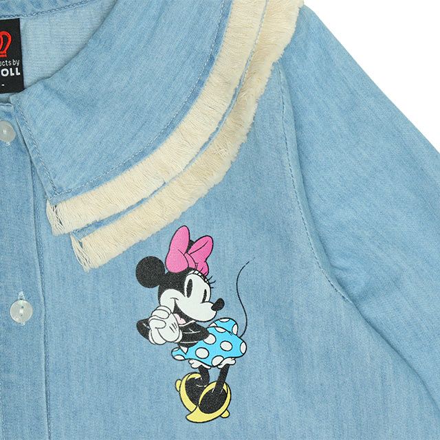 【ベビードール】ミニー フリンジ襟付きデニムワンピース 0297K / ベビーサイズ キッズ リンクコーデ ペアルック 長袖 トップス ミニ丈 オールインワン