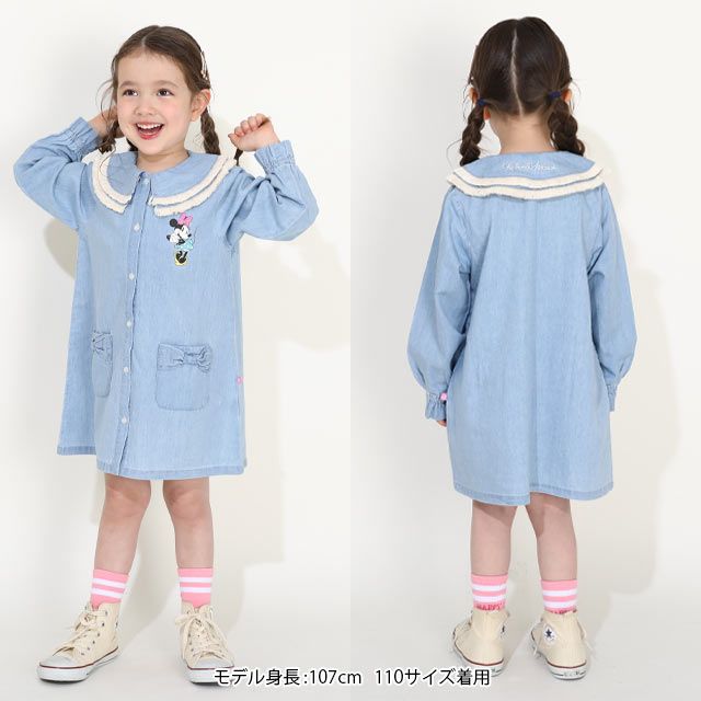 【ベビードール】ミニー フリンジ襟付きデニムワンピース 0297K / ベビーサイズ キッズ リンクコーデ ペアルック 長袖 トップス ミニ丈 オールインワン