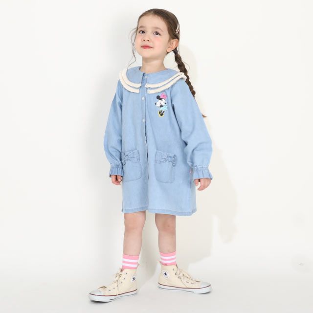 【ベビードール】ミニー フリンジ襟付きデニムワンピース 0297K / ベビーサイズ キッズ リンクコーデ ペアルック 長袖 トップス ミニ丈 オールインワン