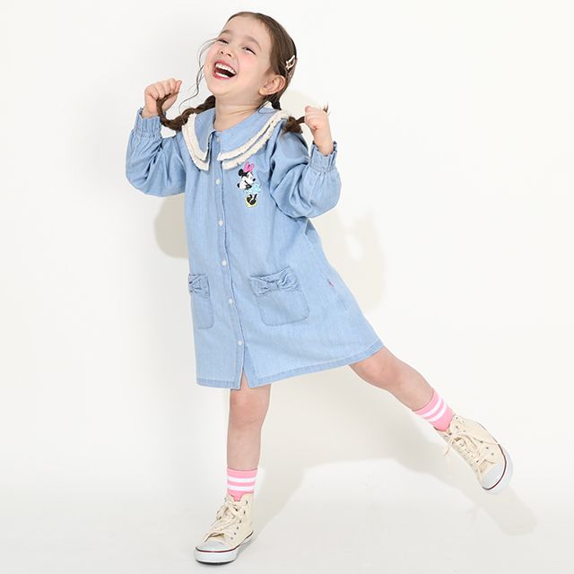 【ベビードール】ミニー フリンジ襟付きデニムワンピース 0297K / ベビーサイズ キッズ リンクコーデ ペアルック 長袖 トップス ミニ丈 オールインワン