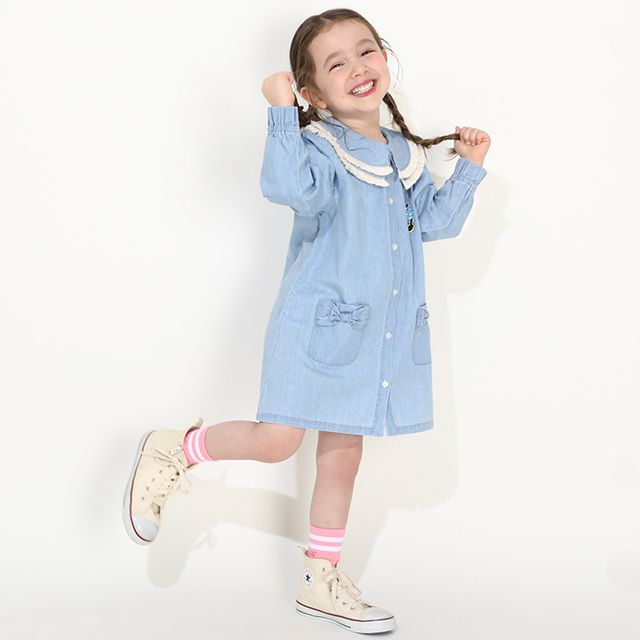 【ベビードール】ミニー フリンジ襟付きデニムワンピース 0297K / ベビーサイズ キッズ リンクコーデ ペアルック 長袖 トップス ミニ丈 オールインワン