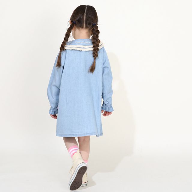 【ベビードール】ミニー フリンジ襟付きデニムワンピース 0297K / ベビーサイズ キッズ リンクコーデ ペアルック 長袖 トップス ミニ丈 オールインワン