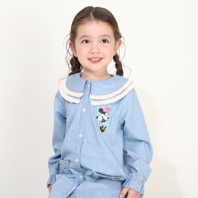 【ベビードール】ミニー フリンジ襟付きデニムワンピース 0297K / ベビーサイズ キッズ リンクコーデ ペアルック 長袖 トップス ミニ丈 オールインワン