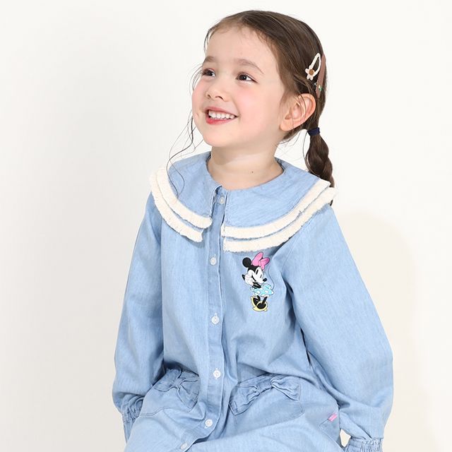 【ベビードール】ミニー フリンジ襟付きデニムワンピース 0297K / ベビーサイズ キッズ リンクコーデ ペアルック 長袖 トップス ミニ丈 オールインワン