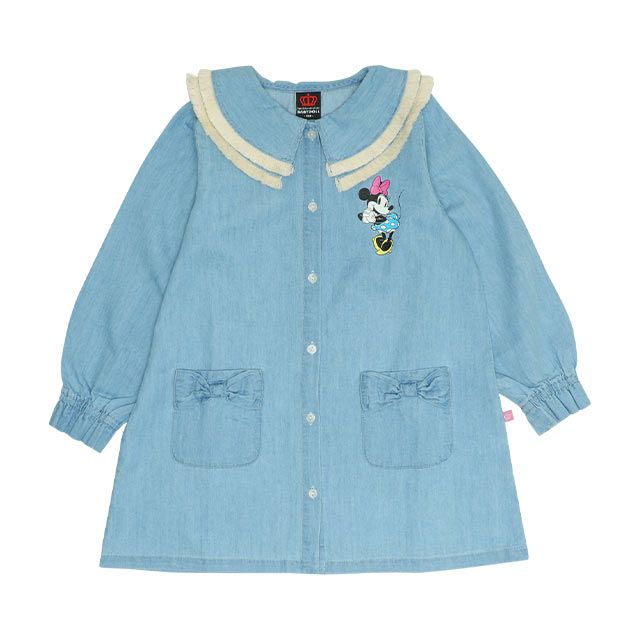 【ベビードール】ミニー フリンジ襟付きデニムワンピース 0297K / ベビーサイズ キッズ リンクコーデ ペアルック 長袖 トップス ミニ丈 オールインワン